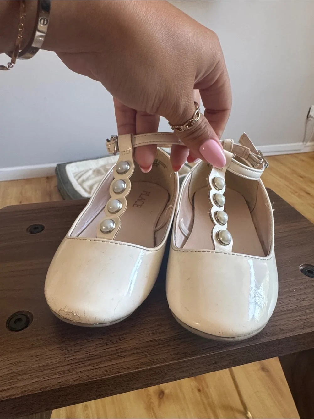 Place Ivory T-Strap Pearl Accent Girls Dress Shoes